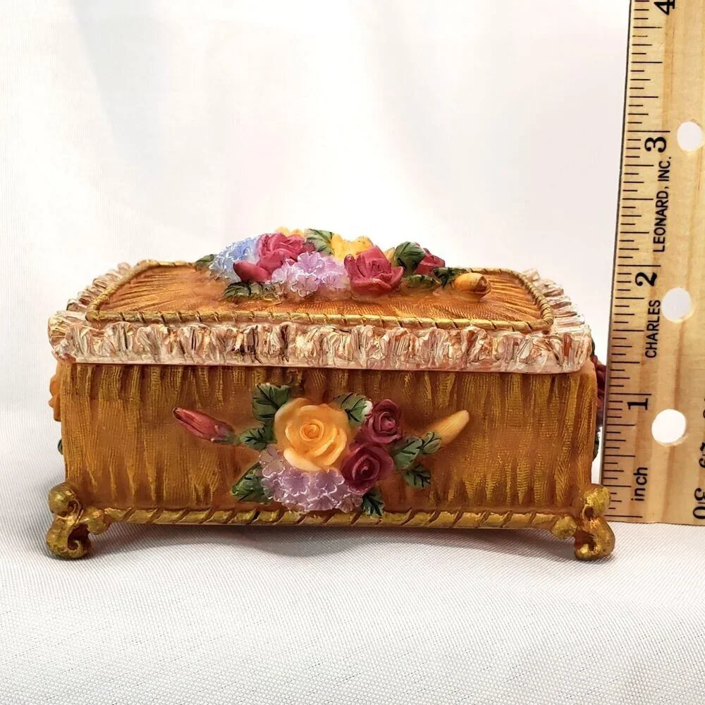VTG Victorian Floral Jewelry Trinket Box With Raised Rose Design & Gold Accents